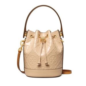 Tory Burch Mini T Monogram Bucket Bag Warm Chai Patent Leather w/Dust Bag
